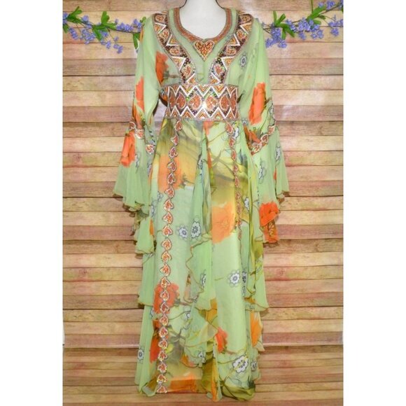 Middle East Arabian Green Floral Maxi Evening Dress Gown  XL 1X Sequin Ruffles - Picture 1 of 16